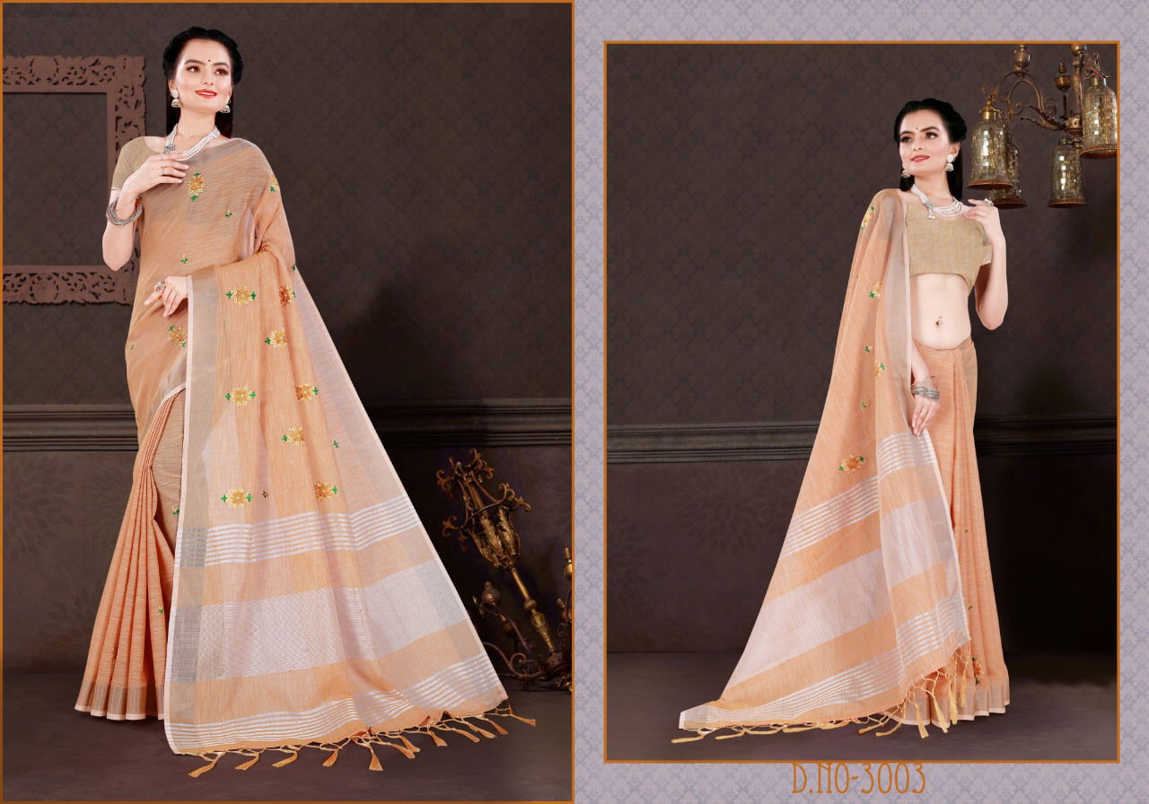 Sangam Swara New Fancy Wear Designer Linen Embroidery Work Saree Collection